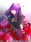  1girl arknights black_jacket black_necktie black_shirt braid collared_shirt cowboy_shot demon_horns flower horns jacket joul_0704 lava_(arknights) lava_the_purgatory_(arknights) looking_at_viewer necktie parted_lips purple_eyes purple_hair red_flower shirt short_hair short_sleeves solo white_background 