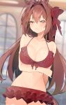  1girl :/ animal_ears arm_under_breasts bare_shoulders bikini bikini_skirt blurry blurry_background blush bow breasts brown_hair cleavage collarbone daiwa_scarlet_(trifle_vacation)_(umamusume) daiwa_scarlet_(umamusume) frilled_bikini frills hair_between_eyes hair_bow hair_intakes highres horse_ears horse_girl horse_tail large_breasts long_hair looking_at_viewer navel official_alternate_costume red_bikini red_bow red_eyes solo swimsuit tail umamusume umamusume_summer_story_(umamusume) umashio wet wet_hair 