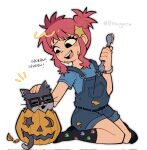  0nougat 1girl among_us blue_(among_us) blue_overalls cat cosplay cosplay_request crewmate_(among_us) double_bun gideon_(cat)_(scott_pilgrim) gideon_graves gideon_graves_(cosplay) glasses green_(among_us) hair_bun hair_ornament highres jack-o&#039;-lantern name_connection official_style overalls pink_hair ramona_flowers red_(among_us) scott_pilgrim_(series) scott_pilgrim_takes_off sidelocks simple_background sitting solo star_(symbol) star_hair_ornament wariza white_background 
