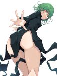  1girl :o ass black_dress black_mutou breasts curly_hair dress from_behind green_eyes green_hair leaning_forward looking_at_viewer looking_back one-punch_man open_hand outstretched_arm parted_lips short_hair side_slit simple_background small_breasts solo tatsumaki thighs white_background 