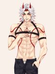  1boy abs arataki_itto black_nails black_pants highres horns long_hair male_focus male_underwear mouth_hold multicolored_hair muscular muscular_male nipples oni_horns pants red_eyes rourouki tagme tattoo tobacco underwear white_hair 
