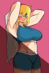  1girl alice_margatroid armpits bangs blonde_hair blue_eyes blue_shorts blue_sports_bra blush breasts bright_pupils commentary_request cookie_(touhou) cowboy_shot grin hair_between_eyes highres holding holding_towel jijii_(nicoseiga91467756) large_breasts looking_at_viewer midriff muscular muscular_female navel one_eye_closed parody pink_background sakuranbou_(cookie) scotch_(cookie)_(style) short_hair shorts smile solo sports_bra style_parody sweat touhou towel white_pupils 