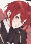  1boy bangs black_gloves black_jacket flower gloves grey_eyes hand_on_own_chin highres jacket kuma_meshigaumai long_sleeves looking_at_viewer male_focus parted_lips portrait red_flower red_hair red_rose riddle_rosehearts rose simple_background solo twisted_wonderland 