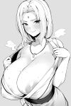  1girl absurdres bangs bare_shoulders blush breasts cleavage collarbone facial_mark forehead forehead_mark greyscale highres hotate-chan huge_breasts jewelry long_hair looking_at_viewer monochrome naruto naruto_(series) necklace nipple_slip nipples parted_bangs smile solo sweat tsunade_(naruto) 
