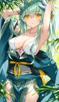  1girl armpits arms_up bangs blush breasts cleavage collarbone cowboy_shot dragon_girl dragon_horns fate/grand_order fate_(series) green_hair green_kimono highres horns japanese_clothes kimono kiyohime_(fate) large_breasts long_hair looking_at_viewer morizono_shiki outdoors parted_lips solo yellow_eyes 