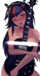  1girl bangs barbed_wire black_hair blue_hair blush breasts censored collarbone completely_nude danganronpa_(series) danganronpa_2:_goodbye_despair fangs guitar hair_horns highres holding holding_instrument instrument long_hair mioda_ibuki multicolored_hair nude object_hug one_eye_closed pink_eyes pink_hair schleezed smile solo teeth tongue tongue_out white_hair 