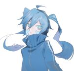  1girl blue_eyes blue_hair blue_jacket closed_mouth commentary ene_(kagerou_project) hair_between_eyes headphones highres jacket kagerou_project kurobeko_(kur0bek0) long_hair simple_background solo track_jacket twintails upper_body white_background zipper_pull_tab 