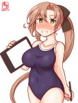  1girl akigumo_(kancolle) alternate_costume artist_logo blue_swimsuit blush breasts brown_hair collarbone commentary_request competition_school_swimsuit cowboy_shot dated drawing_tablet green_eyes grin hair_ribbon kanon_(kurogane_knights) kantai_collection large_breasts long_hair looking_at_viewer mole mole_under_eye nose_blush one-hour_drawing_challenge ponytail ribbon school_swimsuit smile solo standing stylus swimsuit 