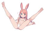  1girl animal_ear_fluff animal_ears bare_legs barefoot bikini breasts feet full_body legs_up long_hair looking_at_viewer lying on_back original pink_hair rabbit_ears saiste simple_background small_breasts soles solo spread_legs string_bikini swimsuit toes v white_background white_bikini 