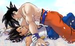 2boys abs anger_vein angry armor bara black_hair blue_bodysuit blush bodysuit broken_armor chest_armor clenched_teeth closed_mouth dragon_ball dragon_ball_z falling_petals gloves highres large_pectorals looking_at_another lying male_focus multiple_boys muscular muscular_male on_back on_person orange_pants pants pectorals petals saiyan_armor short_hair smile son_goku spiked_hair teeth vegeta white_gloves wristband xxssgodssxx yaoi 