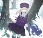  1girl ^_^ ^o^ bangs blush child closed_eyes coat coat_dress commentary fate/stay_night fate/zero fate_(series) feet_out_of_frame heaven&#039;s_feel highres illyasviel_von_einzbern laver_(1090792977) long_hair looking_at_viewer open_mouth pants purple_coat purple_footwear purple_headwear scarf smile snow snowing solo tree white_hair white_pants 