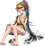  1girl aircraft aircraft_request airplane bag barefoot black_eyes black_hair brown_hair burnt_clothes dress full_body gradient_hair kantai_collection long_hair looking_at_viewer multicolored_hair official_art parted_lips ponytail sandal_removed sitting solo swimsuit third-party_source transparent_background umihara_sakana visor_cap yamashio_maru_(kancolle) yellow_dress yellow_headwear yellow_swimsuit 