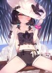  1girl arm_behind_back bangs black_bow black_hair black_shirt black_shorts blush bow breasts closed_mouth crop_top granblue_fantasy hair_between_eyes hair_bobbles hair_ornament hand_on_headwear hat hat_bow highres jacket jacket_on_shoulders long_hair looking_at_viewer low_twintails midriff mouse navel red_eyes scrunchie shirt short_shorts short_twintails shorts sitting small_breasts solo spread_legs strapless strapless_shirt sun_hat twintails vikala_(granblue_fantasy) white_headwear white_jacket wrist_scrunchie yellowpaint. 