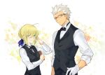  1boy 1girl adjusting_eyewear ahoge archer_(fate) artoria_pendragon_(fate) bangs black_bow black_bowtie black_vest blonde_hair blue_ribbon bow bowtie braid braided_bun closed_mouth collared_shirt dress_shirt fate/stay_night fate_(series) gloves green_eyes hair_between_eyes hair_bun hair_ribbon hand_on_hip highres long_sleeves looking_at_viewer red-framed_eyewear ribbon saber shirt short_hair smile spiked_hair standing vest vvv1356_ygo white_background white_gloves white_hair white_shirt wing_collar 