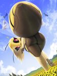  2022 anthro arthropod bee bent_over biped blossom_(thousandfoldfeathers) butt colored detailed_background digital_media_(artwork) english_text eyelashes female hi_res hymenopteran insect outside pupils question_mark solo text thousandfoldfeathers url yellow_body 