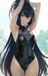 1girl armpits arms_up black_hair black_swimsuit breasts clothes_writing highleg highleg_swimsuit highres kantai_collection kasumi_(skchkko) large_breasts long_hair nagato_(kancolle) one-piece_swimsuit red_eyes smile standing swimsuit tsurime turtleneck tying_hair very_long_hair wet wet_clothes wet_swimsuit 