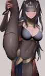  1girl bangs black_hair blush bodysuit bracelet breasts cape cleavage commentary_request covered_navel fingernails fire_emblem fire_emblem_awakening gold_trim grey_background highres jewelry kataku_musou leg_up loincloth long_hair looking_at_viewer medium_breasts nail_polish parted_lips pelvic_curtain shiny shiny_hair simple_background solo split standing standing_on_one_leg tharja_(fire_emblem) thigh_strap tiara turtleneck 