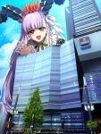  1girl alternate_costume building crown fate/grand_order fate_(series) giant giantess heterochromia highres honchu horns kingprotea_(fate) kingprotea_(third_ascension)_(fate) lamppost long_hair purple_eyes purple_hair red_eyes smile tree very_long_hair waving 