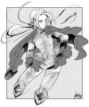  1girl absurdres breasts cape cleavage closed_mouth edelgard_von_hresvelg fire_emblem fire_emblem:_three_houses fire_emblem_warriors:_three_hopes gloves hair_ornament hair_over_one_eye hair_ribbon highres illust_mi long_hair long_sleeves monochrome official_alternate_costume official_alternate_hairstyle ribbon simple_background skirt solo white_hair 
