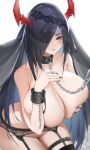  1girl absurdres azur_lane black_garter_belt black_hair black_nails black_thighhighs black_veil breast_hold breast_squeeze breasts chain collar covered_nipples cuffs friedrich_der_grosse_(azur_lane) genera-x gigantic_breasts hair_over_one_eye highres horns leaning_forward leash long_hair looking_at_viewer mechanical_horns nail_polish nude red_horns simple_background solo thighhighs white_background yellow_eyes 