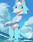  2022 absurd_res animal_crossing anthro bikini bikini_bottom blue_body blue_fur canid canine canis clothed clothing dripping female fur hi_res kemokin_mania looking_at_viewer mammal midriff nintendo open_mouth open_smile partially_submerged portrait shirt skye_(animal_crossing) smile solo standing swimwear t-shirt three-quarter_portrait topwear video_games water wet wet_clothing wet_shirt wet_topwear white_clothing white_shirt white_topwear wolf wringing 
