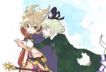  2girls bracelet dress earmuffs green_dress green_eyes green_hair hat itomugi-kun japanese_clothes jewelry multiple_girls pointy_hair profile ritual_baton short_hair sleeveless soga_no_tojiko tate_eboshi touhou toyosatomimi_no_miko 