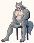  abs anthro beastars big_muscles black_nose canid canine canis chair claws fur furniture grey_body grey_fur hi_res kinaruoopsy legoshi_(beastars) male mammal muscular nipples pawpads pink_nipples pink_pawpads simple_background solo white_body white_fur wolf 