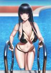  1girl absurdres bangs bare_shoulders bikini black_bikini black_hair black_swimsuit breasts cleavage closed_mouth collarbone earrings eye_piercing feet_out_of_frame highres jewelry lips long_hair looking_at_viewer medium_breasts navel on_water original pool purple_eyes smile solo standing stomach swimsuit tai_(2vs) water wet wet_clothes wet_swimsuit 