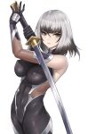  1girl bangs bare_shoulders black_bodysuit black_gloves bodysuit breasts cameltoe character_request covered_navel covered_nipples crossed_bangs expressionless gloves grey_hair hands_up highres holding holding_sword holding_weapon large_breasts looking_at_viewer medium_hair nyatokanyaru simple_background skin_tight solo sword toji_no_miko weapon white_background yellow_eyes 