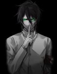  1boy armband bangs black_background black_hair bleach blood blood_on_clothes blood_on_face finger_to_mouth green_eyes hair_between_eyes highres hishui_prpr jacket limited_palette long_sleeves looking_at_viewer male_focus short_hair shushing simple_background solo ulquiorra_cifer white_jacket 