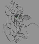  4_fingers anthro beard big_ears chimera discord_(mlp) draconequus eyebrows facial_hair fingers friendship_is_magic grey_background greyscale half-closed_eyes hasbro male monochrome my_little_pony narrowed_eyes open_mouth rockin_candies sharp_teeth simple_background solo teeth tongue 