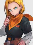  1girl android_17 android_17_(cosplay) android_18 bandana blonde_hair blue_eyes closed_mouth cosplay dragon_ball dragon_ball_z earrings grey_background jewelry kemachiku long_hair looking_at_viewer orange_bandana red_ribbon_army short_hair simple_background solo 
