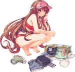  1girl acea4 adapted_turret bag bangs bikini blunt_bangs breasts brown_hair burnt_clothes cannon cleavage clothes_removed full_body green_eyes grey_shorts helena_(kancolle) hood hooded_jacket hoodie jacket kantai_collection long_hair medium_breasts nail_polish official_art pink_headwear red_bikini red_footwear shoes shoes_removed shorts single_shoe sneakers solo squatting swimsuit third-party_source transparent_background turret visor_cap white_jacket 