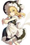  1girl :o apron blonde_hair bow braid hat hat_bow highres jill_07km kirisame_marisa looking_at_viewer open_mouth short_sleeves simple_background solo stretching touhou vest waist_apron witch_hat yellow_eyes 