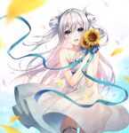  1girl blue_eyes blush celia_claire collarbone dress flat_chest floating_hair flower hair_rings highres long_hair open_mouth petals ribbon riv seirei_gensouki smile solo sunflower thigh_strap white_dress 