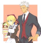  1boy 1girl apron archer_(fate) artoria_pendragon_(fate) black_jacket black_necktie black_shirt blonde_hair blue_ribbon border braid closed_mouth collared_shirt fate/stay_night fate_(series) frown green_eyes grey_eyes hair_ribbon hand_on_hip highres holding jacket long_sleeves maid neck_ribbon necktie open_clothes open_jacket outside_border red_vest ribbon saber shirt short_hair sketch spiked_hair sweatdrop underbust vest vvv1356_ygo white_apron white_border white_hair white_ribbon white_shirt wing_collar 
