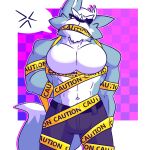  anthro bound canid canine canis caution_tape clothed clothing digital_media_(artwork) fizzyjay fur grey_body hi_res looking_at_viewer male mammal muscular nintendo simple_background solo star_fox video_games wolf wolf_o&#039;donnell 