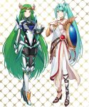  2girls absurdres armlet armor bangs bare_shoulders belt blush breasts chest_jewel cleavage cosplay costume_switch dress earrings forehead_jewel gem gloves green322 green_eyes green_hair hair_ornament headpiece high_heels highres jewelry kid_icarus kid_icarus_uprising large_breasts laurel_crown long_hair looking_at_viewer multiple_belts multiple_girls necklace palutena pendant pneuma_(xenoblade) pneuma_(xenoblade)_(cosplay) ponytail sandals side_slit simple_background single_thighhigh smile strapless strapless_dress super_smash_bros. swept_bangs thighhighs tiara vambraces very_long_hair xenoblade_chronicles_(series) xenoblade_chronicles_2 