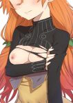  1girl blush breasts breasts_out cleavage head_out_of_frame highres isekai_ojisan long_hair morisobo nipples orange_hair simple_background solo sui_(isekai_ojisan) torn_clothes very_long_hair white_background 