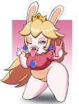  2022 anthro belly blonde_hair blue_eyes bodyattk bottomless bottomless_anthro bottomless_female breasts clothed clothing crossover crown female genitals gesture hair lagomorph mammal mario_bros mario_plus_rabbids_kingdom_battle nintendo one_eye_closed pink_clothing pink_topwear pussy rabbid rabbid_peach raving_rabbids rayman_(series) selfie short_stack slightly_chubby solo thick_thighs tongue tongue_out topwear ubisoft v_sign video_games white_body wide_hips wink 