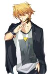  1boy bangs black_jacket blonde_hair card collarbone grin hair_between_eyes highres holding holding_card jacket jacket_on_shoulders jounouchi_katsuya looking_at_viewer male_focus medium_hair open_clothes open_jacket shirt sketch smile solo standing upper_body vvv1356_ygo white_shirt yellow_eyes yu-gi-oh! yu-gi-oh!_duel_monsters 