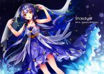  1girl 2016 :d bare_arms blue_hair collarbone dress dutch_angle feng_you floating_hair hair_over_shoulder long_hair looking_at_viewer low_twintails open_mouth purple_dress smile solo standing strapless strapless_dress twintails veil very_long_hair vocaloid xingchen yellow_eyes 