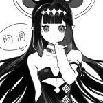  1girl breasts chinese_commentary chinese_text detached_sleeves dress gloves greyscale halo hand_on_own_cheek hand_on_own_face hololive hololive_english k01_829 mole mole_under_eye monochrome ninomae_ina&#039;nis pointy_ears single_detached_sleeve small_breasts smile solo speech_bubble strapless strapless_dress tentacle_hair tube_dress underboob white_background 