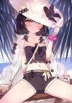  1girl arm_behind_back bag bangs black_bow black_hair black_shirt black_shorts blush bow breasts closed_mouth crop_top granblue_fantasy hair_between_eyes hair_bobbles hair_ornament hand_on_headwear hat hat_bow highres jacket jacket_on_shoulders long_hair looking_at_viewer low_twintails midriff mouse navel red_eyes scrunchie shirt short_shorts short_twintails shorts shoulder_bag sitting small_breasts solo spread_legs strapless strapless_shirt sun_hat twintails vikala_(granblue_fantasy) white_headwear white_jacket wrist_scrunchie yellowpaint. 