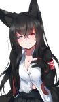  1girl animal_ears black_hair black_jacket blue_eyes breasts cleavage fox_ears fox_girl fox_tail gloves heterochromia highres jacket kurousagi_tetora long_hair medium_breasts open_clothes open_jacket original partially_fingerless_gloves partially_unbuttoned red_eyes shirt sleepy tail white_shirt 