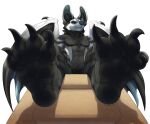  4_toes anthro barefoot black_body black_pawpads blue_eyes chair chiropteran claws feet foot_focus fur furniture male mammal paw_shot pawpads paws sofa soles solo takesu toes wings 