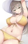  1girl bangs bare_shoulders bikini blue_archive blush breasts cleavage collarbone green_eyes hat highres large_breasts light_brown_hair long_hair looking_at_viewer mizunashi_kenichi navel nonomi_(blue_archive) nonomi_(swimsuit)_(blue_archive) smile solo sun_hat swimsuit thighs white_headwear yellow_bikini 