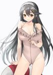  1girl black_hair breasts casual_one-piece_swimsuit cleavage commentary_request cowboy_shot frilled_swimsuit frills grey_swimsuit hair_ornament hairband hairclip haruna_(kancolle) highres kantai_collection lifebuoy long_hair looking_at_viewer one-piece_swimsuit simple_background solo standing swimsuit toriniku_senshi_chikinman white_background white_hairband 