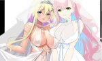  +_+ 2girls alternate_costume asymmetrical_docking azur_lane black_background blonde_hair blue_eyes blue_hair breast_press breasts bridal_veil bride center_opening covered_nipples dress earrings gloves green_eyes gyaru highres jewelry large_breasts looking_at_viewer marblehead_(azur_lane) memphis_(azur_lane) multicolored_hair multiple_girls purple_hair revealing_clothes short_hair_with_long_locks silveroid simple_background sleeveless sleeveless_dress tan two-tone_background two-tone_hair unfinished upper_body v_arms veil white_background white_gloves 