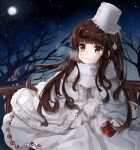  1girl artist_request blush bow brown_eyes brown_hair capelet coat cocoa_cookie cookie_run cup gloves gomzi hat humanization long_hair mug non-web_source personification print_mug smile snowflake_print snowflakes solo source_request winter_clothes winter_coat 